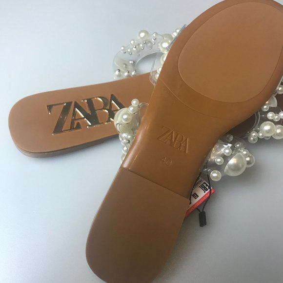 zara flat vinyl pearl bead sandals
